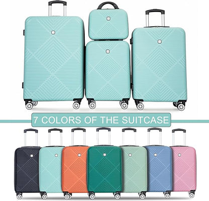 Luggage 4 Piece Set, Hardshell ABS Suitcase Set with Double Spinner Wheels, Lightweight Suitcase, Carry On and Checked Travel Luggage, Aqua Blue