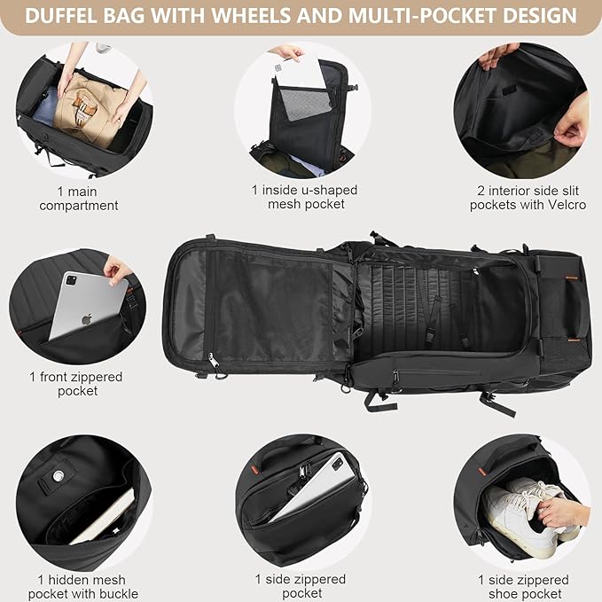 CONTAIL 86L Wheeled Duffel Bag, Soft Shell with Adjustable Web Handles, Carry On Size 29.5x14.2x12.6in, Foldable with Dual Wheels & Shoe Compartment,Black