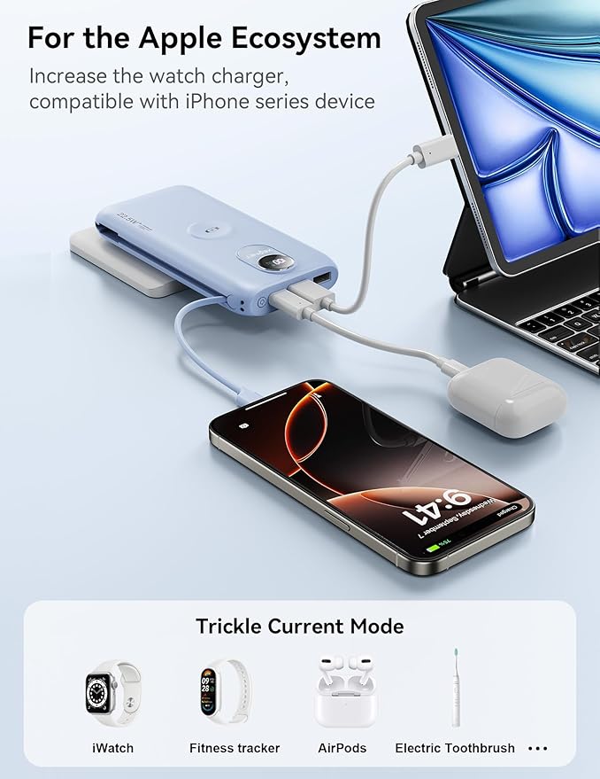 Portable Charger, 10000mAh 22.5W Fast Charging Power Bank with Built in Cable & Wall Plug, Travel Essential Battery Pack with LED Display, External Charger for iPhone 17/16, iWatch 11/10/9/8/Ultra/SE
