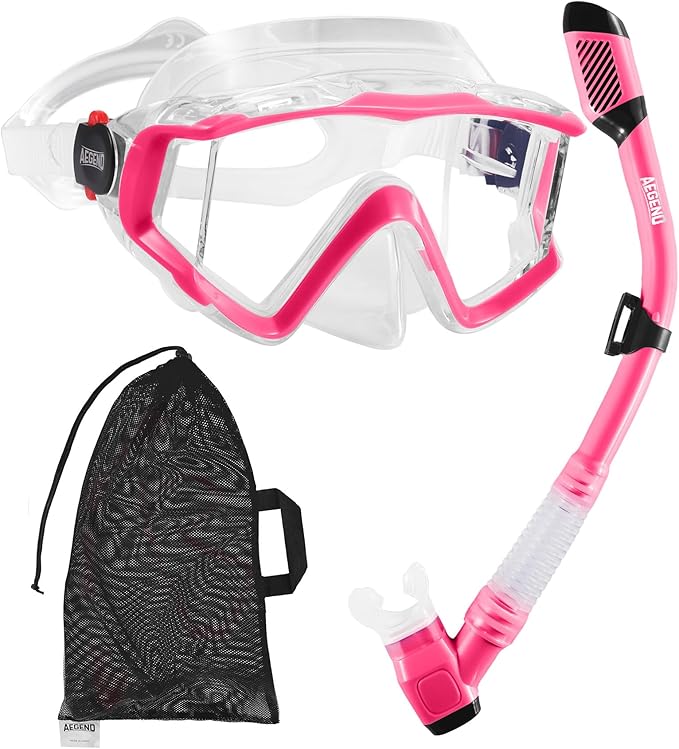 Aegend Snorkeling Gear for Adults Youth Kids, Dry Snorkel Set Panoramic View Enhanced Anti-Leak and Anti-Fog Technology, Adjustable Strap for Snorkeling Scuba Diving Swimming with Mesh Bag