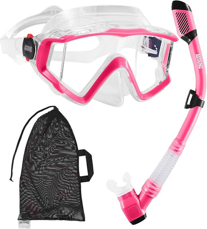 Aegend Snorkeling Gear for Adults Youth Kids, Dry Snorkel Set Panoramic View Enhanced Anti-Leak and Anti-Fog Technology, Adjustable Strap for Snorkeling Scuba Diving Swimming with Mesh Bag