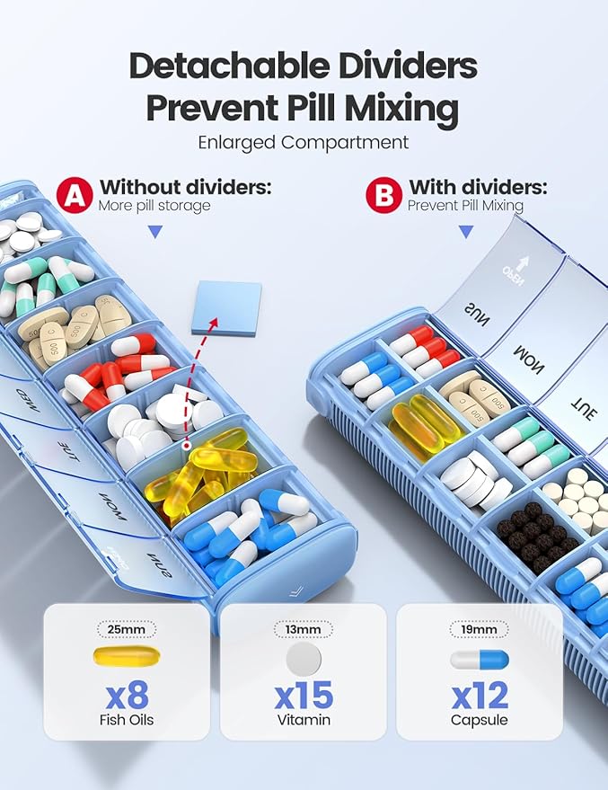 VAYDEER Metal Weekly Pill Organizer – Moisture-Proof Travel Pill Organizer with Built-in Desiccant Chamber and Airtight Lids – Large-Capacity Pill Box for Vitamins, Medicines & Supplements (Rose Gold)