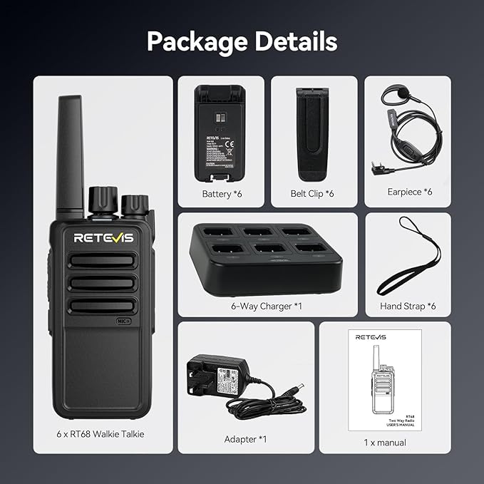 Retevis RT68 Walkie Talkies with Earpiece, Portable FRS Two-Way Radios Rechargeable, with 6 Way Multi Unit Charger, Hands Free, Long Range, Rugged 2 Way Radios 6 Pack for Adults School Church