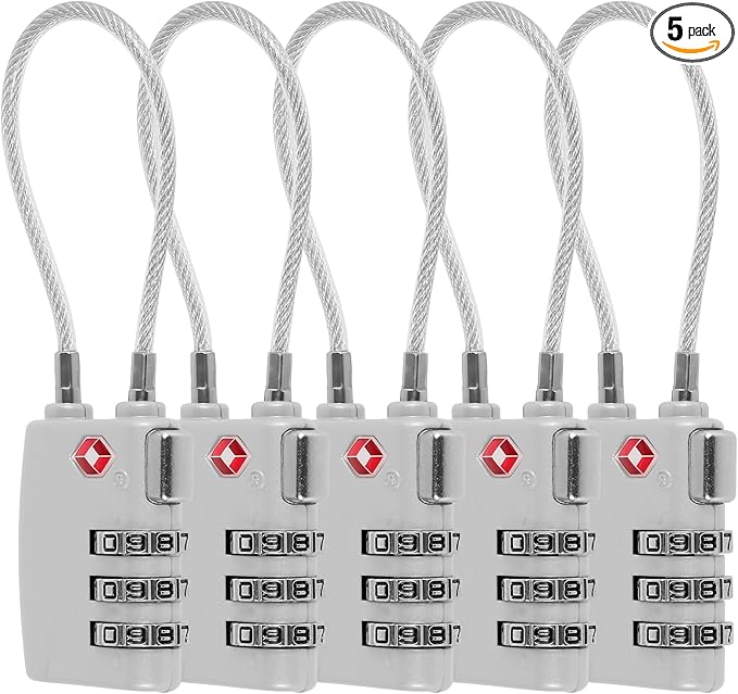 5 Pack TSA Locks for Luggage TSA Approved Luggage Locks 3 Digit Combination TSA Travel Locks Portable Cable Padlocks Zinc Alloy Body Suitcase Locks for Travel Bag Suitcase Backpack Lockers,Silver