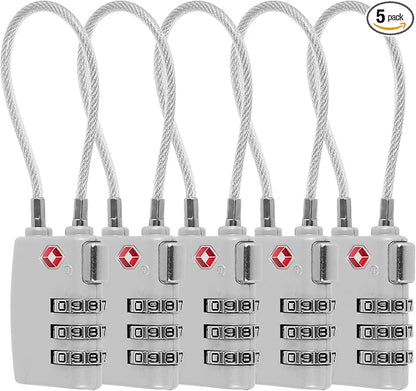 5 Pack TSA Locks for Luggage TSA Approved Luggage Locks 3 Digit Combination TSA Travel Locks Portable Cable Padlocks Zinc Alloy Body Suitcase Locks for Travel Bag Suitcase Backpack Lockers,Silver