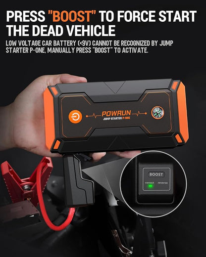 Powrun P-ONE Jump Starter, 2000A Portable Jump Box - Car Jump Starter Battery Pack for up to 8.0L Gas and 6.5L Diesel Engines, 12V Battery Jump Starter with Carry Case (Orange)