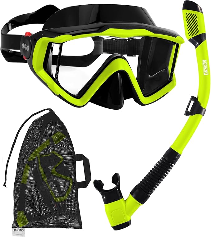Aegend Snorkeling Gear for Adults Youth Kids, Dry Snorkel Set Panoramic View Enhanced Anti-Leak and Anti-Fog Technology, Adjustable Strap for Snorkeling Scuba Diving Swimming with Mesh Bag