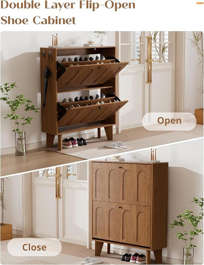 31.5" Shoe Storage Cabinet with 2 Flip Drawers, Narrow Shoe Cabinet for Entryway, Wood Shoe Rack Cabinet for Hallway, Walnut