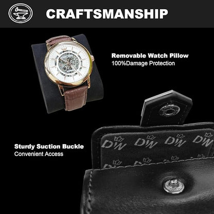 DUKWIN Watch Roll,Vegan Leather Travel Single Watch Case Organizer with Removable Pillows for Men and Women,Display Case for All Watches Collection and Gift for Anniversary Birthday(Black Storage Box)