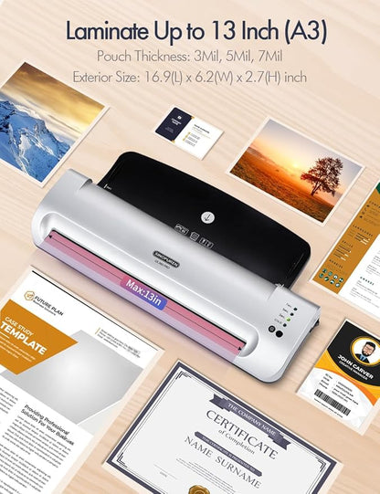 13-Inch Thermal & Cold Laminator Machine, Quick Warm-Up, 3 Temp Settings, Jam-Free ABS, Built-in Paper Trimmer & Corner Rounder, 10 Laminating Pouches, for Home Office School