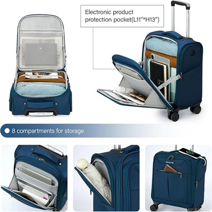 Hanke Underseat Carry On Luggage with Wheels, Lightweight Small Suitcase Airline Approved 16 Inch Softside Personal Item Travel Bag for Women Men, Compact Under Seat Luggage with Spinner Wheels.(Blue)
