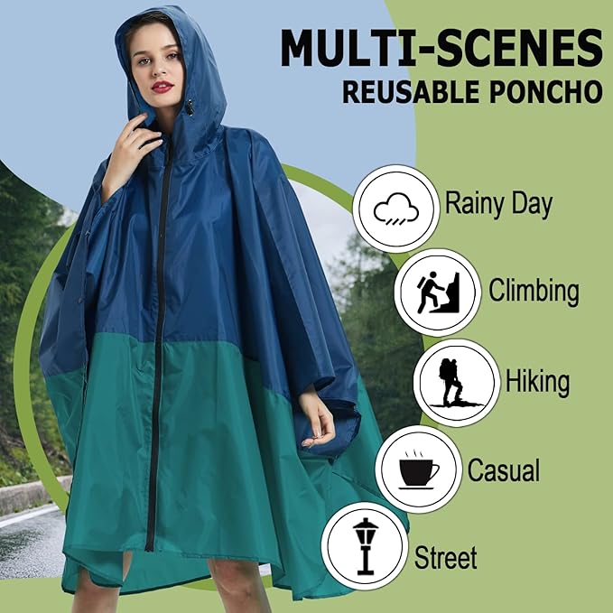 Fashion Hooded Rain Poncho Waterproof Raincoat Jacket with pocket for Women/Men/Adult