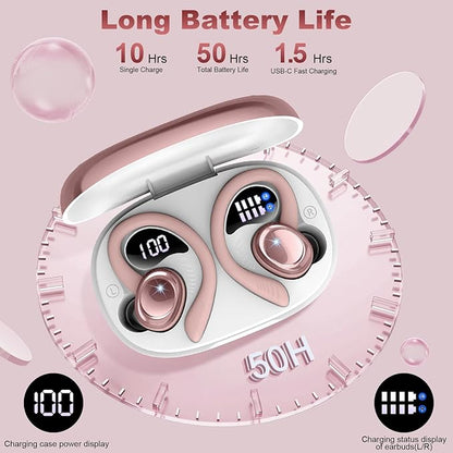 Wireless Earbuds Sport, New Bluetooth 5.4 Headphones with Earhooks, 50H Stereo Deep Bass Over Ear Buds with 4 ENC Noise Canceling Mics, IP7 Waterproof Earphones for Running Workout Gym -Rose