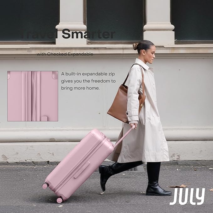 Checked Expandable - 24.5" Airline Approved Check In Luggage with Wheels, Spinner Suitcase for Men & Women - TSA Lock Rolling Suitcase, Spinner Wheels, Expansion Zip, Y-Strap - Blush Pink