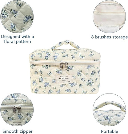 Large Travel Quilted Makeup Bag for Women,Big Floral Cotton Cosmetic Bag, Cute Coquette Aesthetic Floral Toiletry Organizer Bag (Blue Flower)