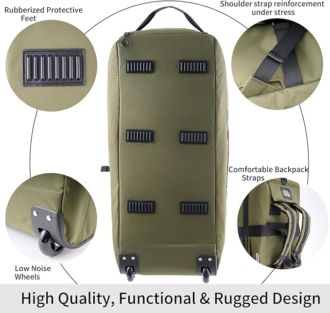 80L Waterproof Rolling Duffel Bag with Quick-Release Straps, Military Tactical Wheeled Foldable For Deployment Traveling Camping Sporting (Military Green)