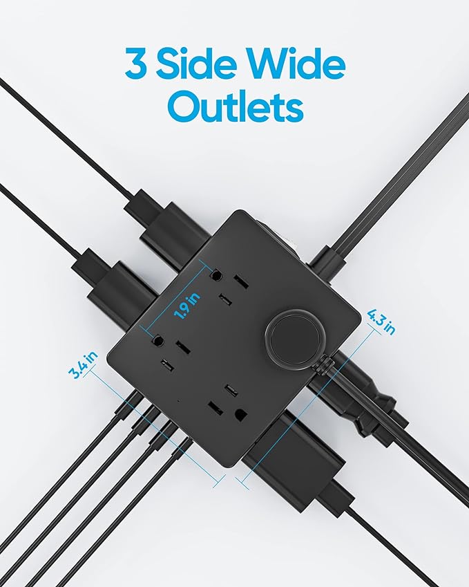 Surge Protector Power Strip, Olcorife 15ft Long Extension Cord with 8 Outlets 4 USB Ports(1 USB C), Flat Wall Plug Outlet Extender, College Dorm Room Essentials, Black