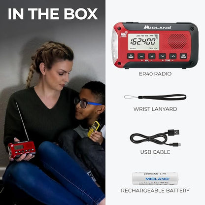 Midland ER50 Emergency Radio with Weather Alert and Flashlight - Hand Crank or Solar Power NOAA Weather Radio for Home or Travel with AM/FM Tuner