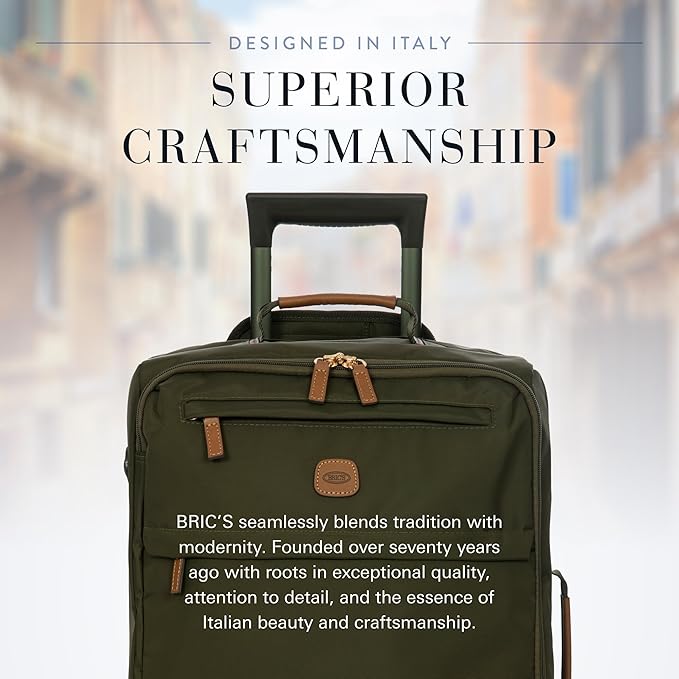 Bric's X-Travel 21” Carry-On Spinner – Luxury Softside Luggage with 360° Wheels, Recycled Water-Resistant Fabric, Interior Pockets, and Leather Details – Olive