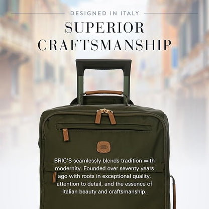 Bric's X-Travel 21” Carry-On Spinner – Luxury Softside Luggage with 360° Wheels, Recycled Water-Resistant Fabric, Interior Pockets, and Leather Details – Olive