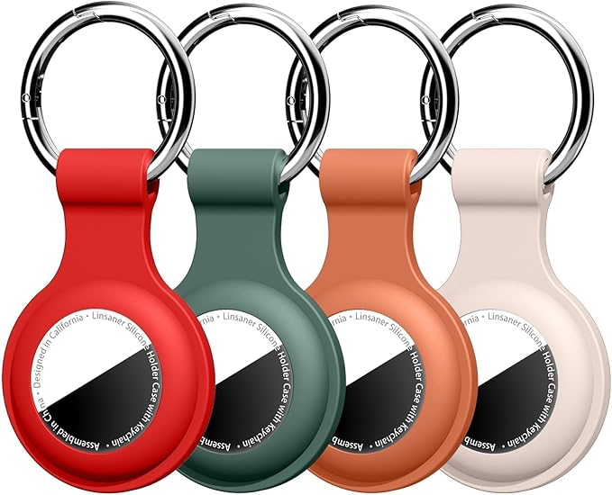 [4 Pack] Compatible with AirTag Holder Keychain Silicone Key Ring Cases Tags Chain for Apple for Air Tag GPS Item Finders Accessories, Red/Dark Green/Brown/Milk Tea Color