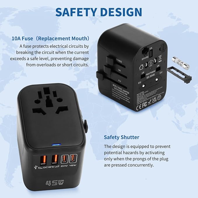Aigostar 5-in-1 Universal Travel Adapter, GaN 45W Fast Charge International Plug Adapter with 2 Type-C & 2 USB-A Ports, Worldwide Power Adaptor Wall Charger for EU US UK AUS CHN JP Travel Business