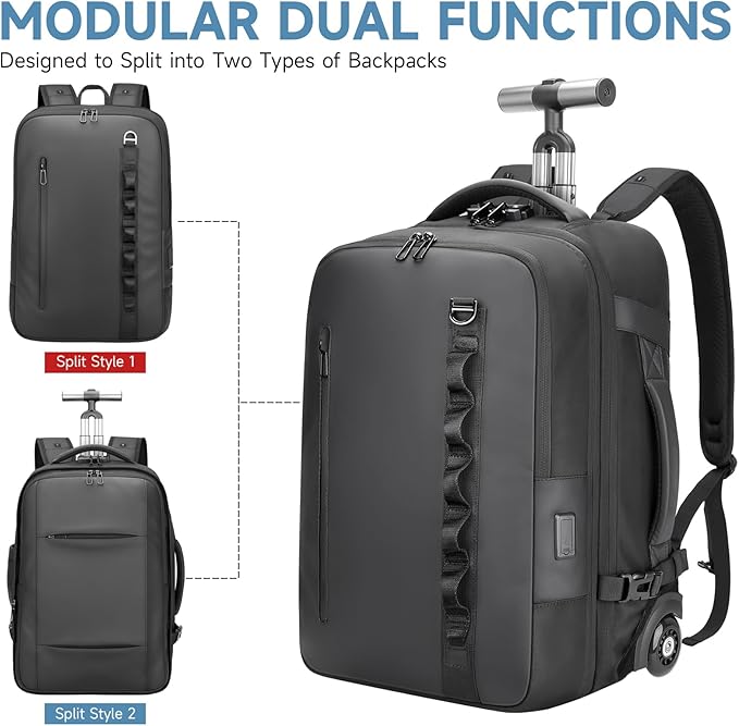 Travel Rolling Backpack,3 in 1 Carry on Backpack Flight Approved,Waterproof Personal Item Bag with Detachable Backpack,Extra Luggage Backpack 50L for Work Teacher College,Black