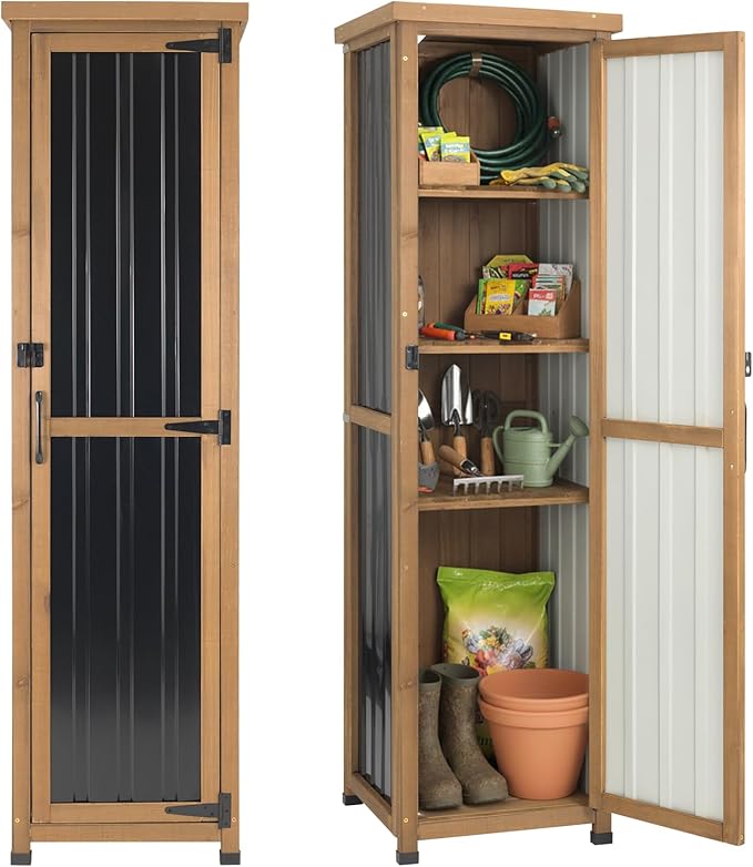 62" Tall Narrow Storage Cabinet Wood & Metal, Garden Slim Cabinet Freestanding with Adjustable Shelves for Small Spaces,Kitchen,Tool Organizer,Cleaning Supplies,Towel Storage