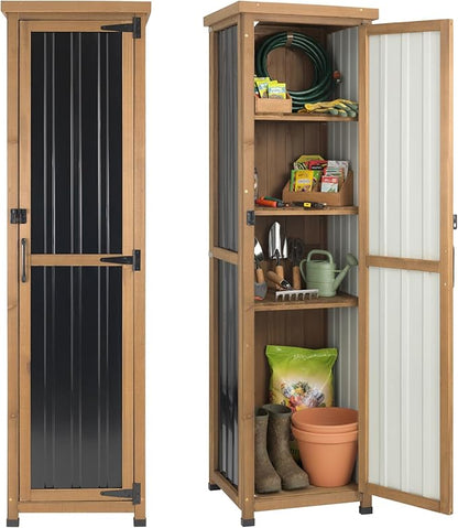 62" Tall Narrow Storage Cabinet Wood & Metal, Garden Slim Cabinet Freestanding with Adjustable Shelves for Small Spaces,Kitchen,Tool Organizer,Cleaning Supplies,Towel Storage