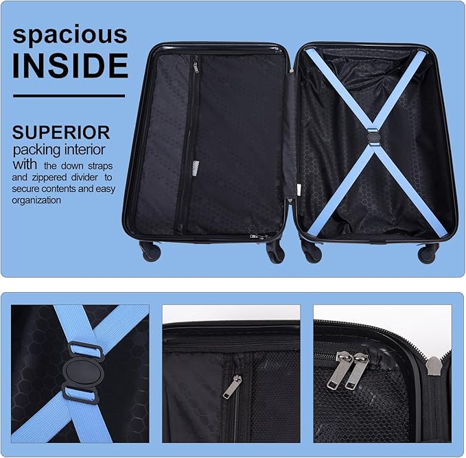 Travelhouse Luggage Sets Hardside Suitcases 24in/28in, Carry on 20in,3 Piece Set Travel Luggages Clearance with Double Spinner Wheels TSA Lock Lightweight (light blue)