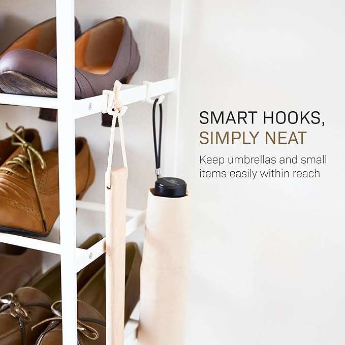 YAMAZAKI Home Six-Tier Shoe Organizer – Tall Slim Shoe Rack for Entryway Or Closet, Narrow Metal Shoe Storage with Wooden Top, Steel, White, Easy Assembly, 34" - Steel - Holds 18 to 21 Shoe