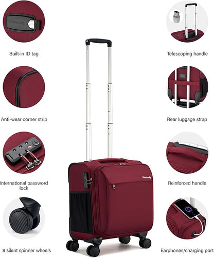 Hanke 16 Inch Underseat Carry On Luggage with Wheels Small Suitcase Softside Luggage Bags for Travel Lightweight Suitcases with Wheels Travel Luggage Personal Item for Men and Women(Burgundy)