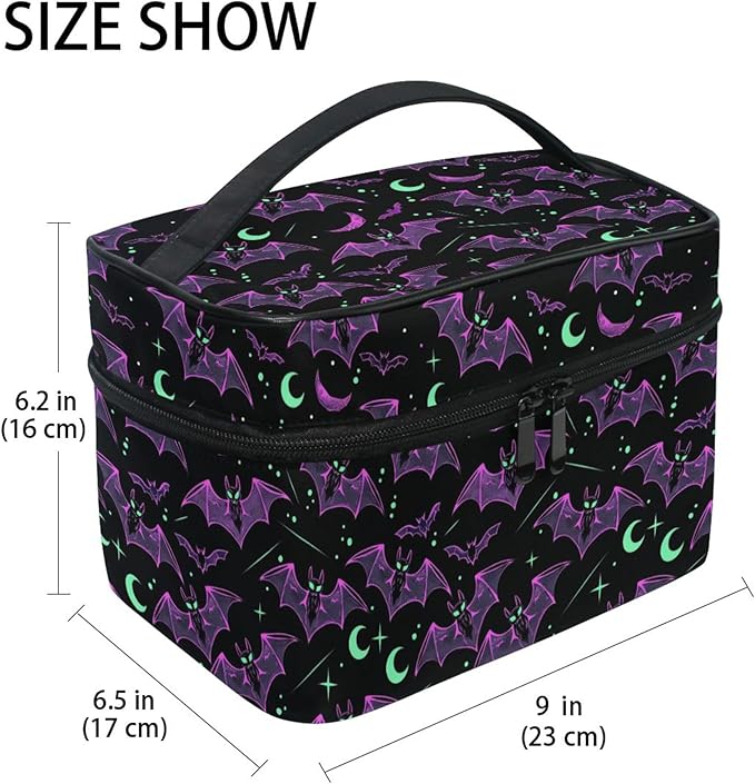 MNSRUU Makeup Bags, Neon Purple and Bats Stars and Moons Makeup Organizer Bags Toiletry Bag Box Travel Cosmetic Bag Make Up Train Case for Women Teen Girl Ladies