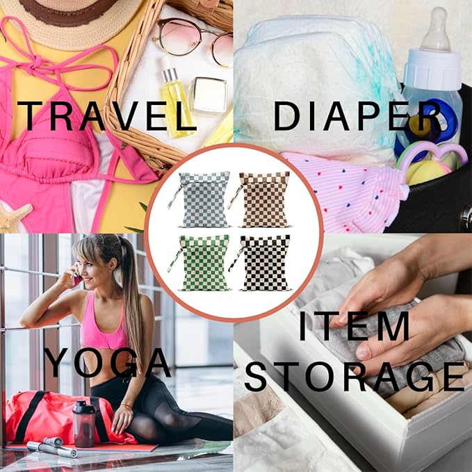 4 Pack Cute Wet Bag Waterproof Washable Reusable Wet Dry Bag for Swimsuit Dirty Clothes Diaper Travel Pool Sport Gym Christmas Birthday Party Camping Toiletries Beach Essentials, Colorful Checkered