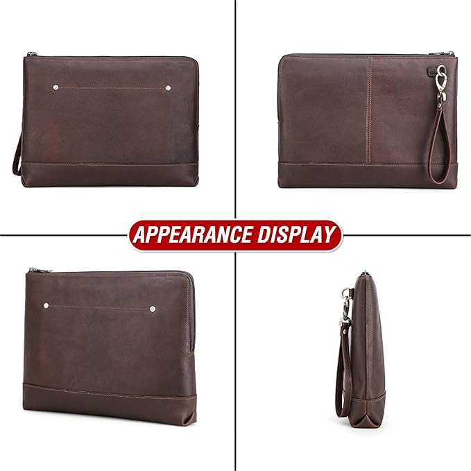 Top Grain Leather 14.2" Slim Laptop 90° Zipper Bag, Removable Wristlet & 4 Pockets, Compatible with 2024 MacBook Pro 14.2" M1 M2 M3 M4 Pro/Max A2442 & Other Laptop, Red Coffee 14.2 Inch