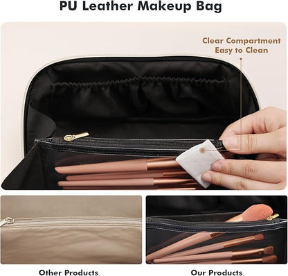 Prite Makeup Bag for Women Travel Waterproof Vegan Leather Cosmetic Bag Open Flat Toiletry Bag With Clear Divider and Handle (Large Black)