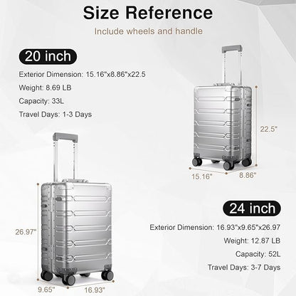All Aluminum 24 Inch Check In Luggage Hard Shell Suitcases with Spinner Wheels and TSA Lock, Checked Medium Suitcase (Silvery)