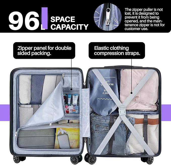 AnyZip Suitcase Hardside PC ABS Lightweight USB Luggage with Wheels TSA Lock Checked-Large 28 Inch Violet Purple
