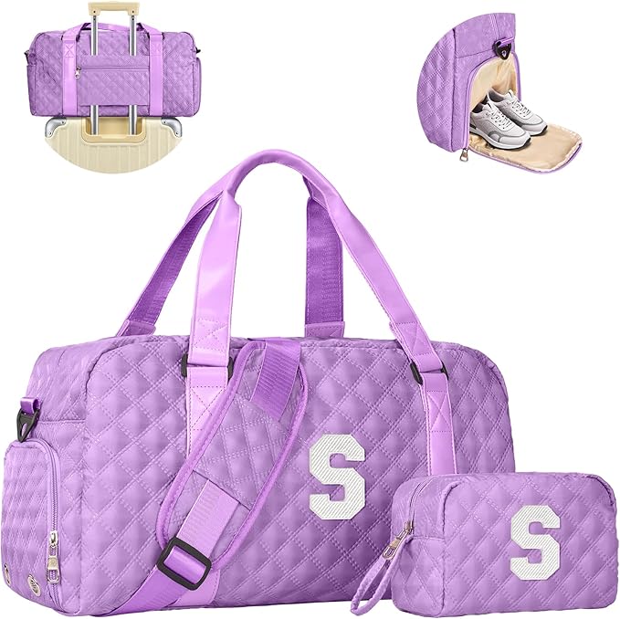Initial Travel Duffle Bag Women Girls Gift: Personalized Weekender bags, Dance Cheer bag Sports for Girl, Kid Gymnastics Bags, Birthday Gifts for Women Girls Kids Teens Mom Teacher