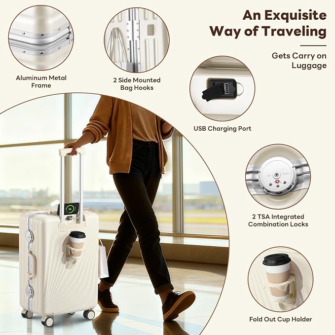 3-Piece Hardside Luggage Sets Aluminum Frame, 20+24+28 Inch Suitcases with USB Charging Port, Foldable Cup Holder, TSA Locks & Spinner Wheels for Travel, Ivory White