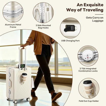 3-Piece Hardside Luggage Sets Aluminum Frame, 20+24+28 Inch Suitcases with USB Charging Port, Foldable Cup Holder, TSA Locks & Spinner Wheels for Travel, Ivory White