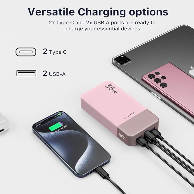 J2651 Portable Charger, 35W 20000mAh USB C in & Out Power Bank, Battery Pack with QC4.0+PD3.0 35W High-Speed Charging for Bluetooth Earbud, Mobile Phone, Tablet (Pink)