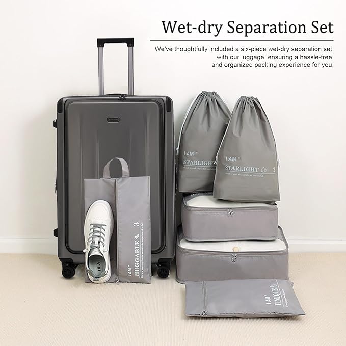 Premium Carry On Luggage, 20Inch&29 Inch Top Opening Airline Approved ABS+PC Hard Shell Suitcases with Silent Wheels, TSA Lock,Front Pocket and Wet-dry Separated Six-piece Set