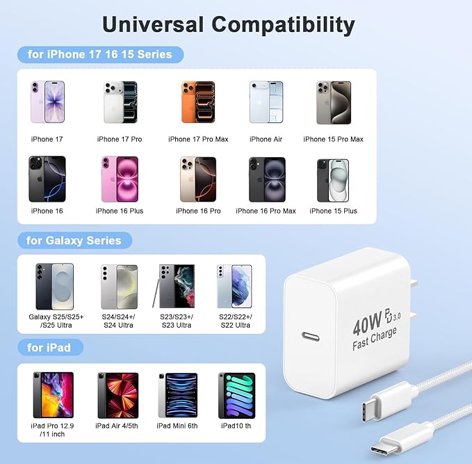 iPhone 17 Pro Max Charger Fast Charging, 40W USB C iPhone 17 16 15 Fast Charger Block with 10FT Long Woven Type C Charging Cable Cord for iPhone 17/17 Pro Max/17 Pro/Air/16/16 Pro Max/15/15 Pro Max