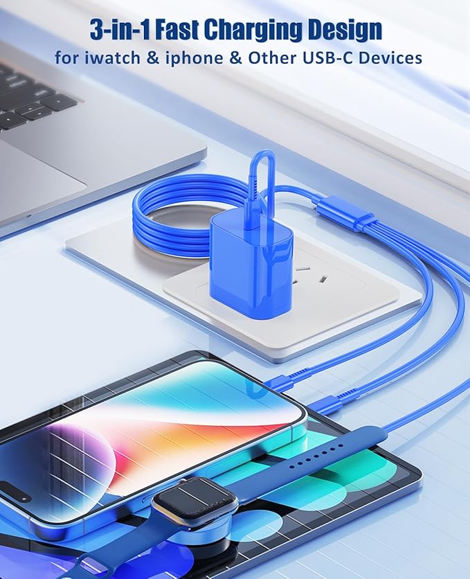 for Apple Watch Charger 6FT, 3 in 1 Magnetic Smart iWatch Fast Charger Cable with 20W Type C Wall Charger Block for Apple Watch Series Ultra/SE/9/8/7/6/5/4/3/2/1 & iPhone15/14/13/12/11 (Blue)