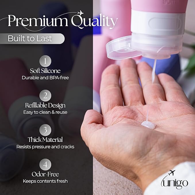 unigo Travel Bottles For Toiletries, 5-pack 3.oz TSA Aprroved Travel Size Bottles, Containers For Toiletries, BPA Free, Leak Prrof, Refillable Containers Bottles (Purple)