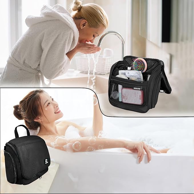 Goloni Hanging Toiletry Bag with Hook, Large Makeup Bag Travel Organizer, Water-Resistant Hanging Cosmetic Bag with 10 Compartments for Women & Men,Black
