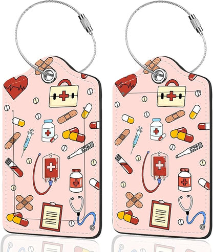 2Pack Luggage Tags for Suitcases, Cute Unique Pu Leather Cruise Luggage Tag with Privacy Cover ID Label Address Card and Metal Ring Suitable for Women Men Kids Travel Bag,Medical Instrument Pattern
