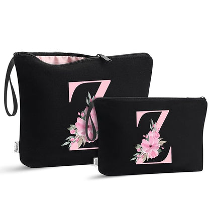 Vavabox A-Z Personalized Makeup Bag, Birthday Gifts for Women Mom, Gifts for Best Friend, Bride Bridesmaid Cosmetic bag (Z, 04-Black Set)