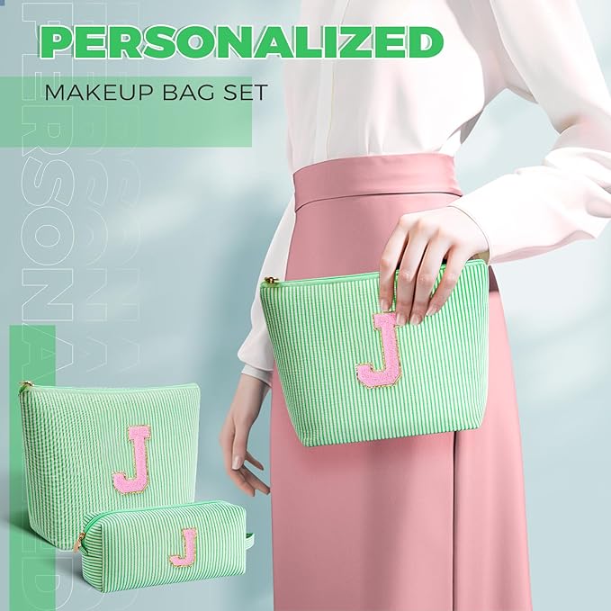 Monogrammed Gifts for Women - Cosmetic Bag for Teen,Initial Cute Makeup Bag Set for Women,Trendy Pouch for Niece Sister Friend Female Her,Birthday Gifts for Daughter - Green,J